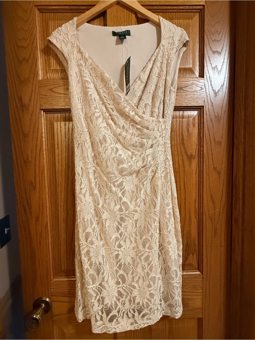Ralph Lauren Ivory Lace Draped V-Neck Dress
